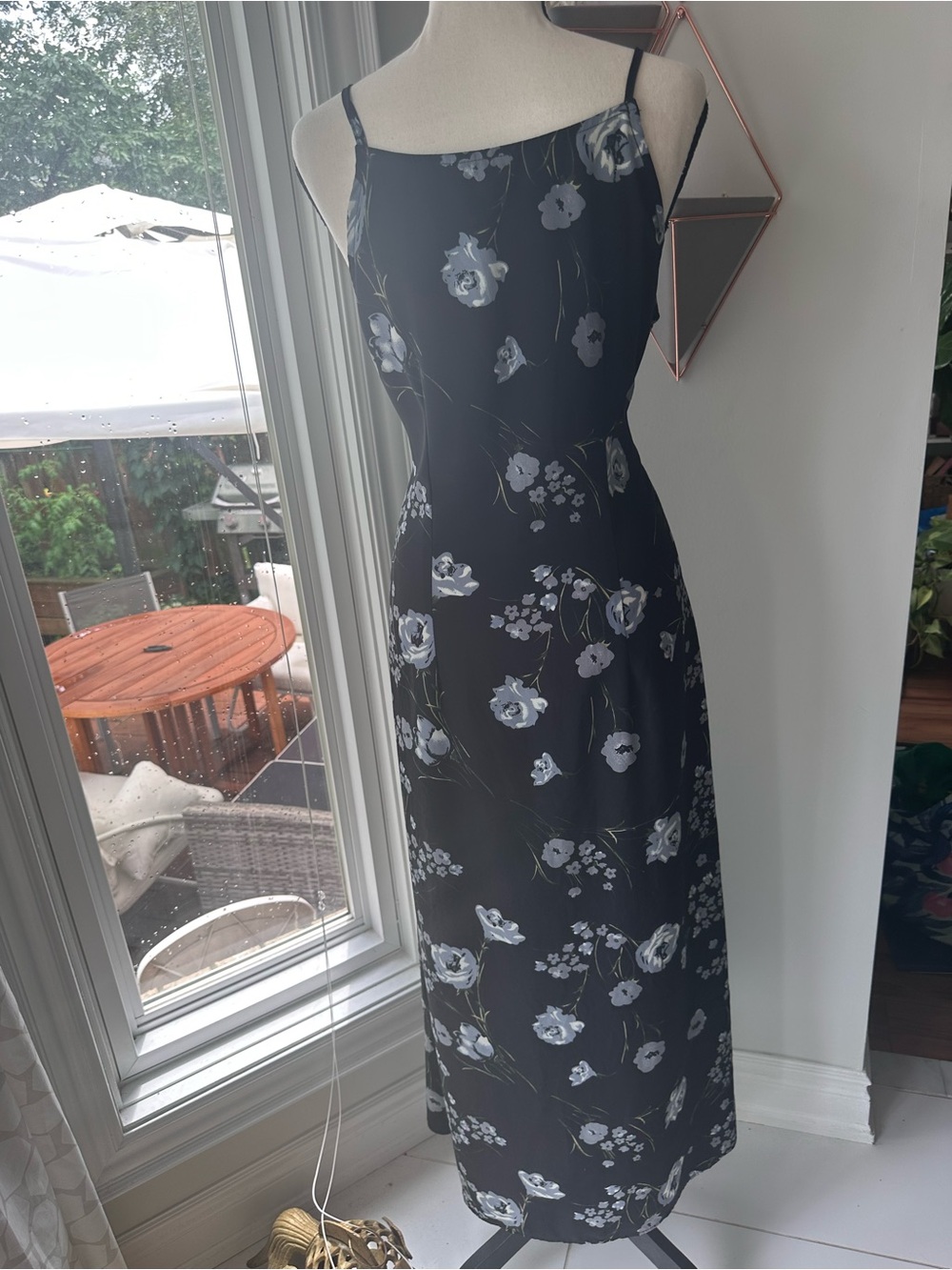 VINTAGE 90s Black Floral Slip Maxi Column Shift Halter Summer Dress Size Large - Picture 6 of 10